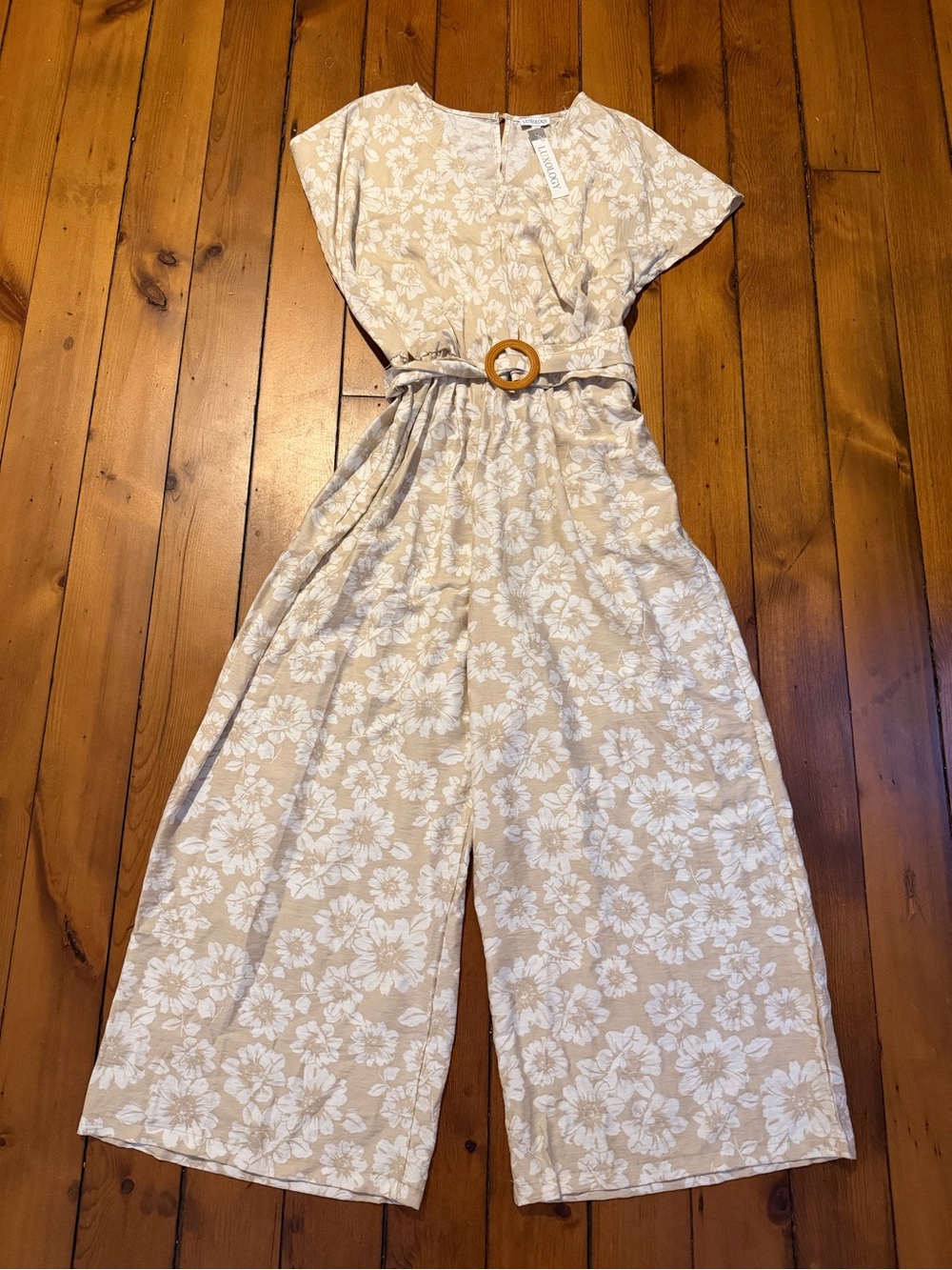 Luxology Beige Floral Wide-Leg Jumpsuit with Buckle Belt
